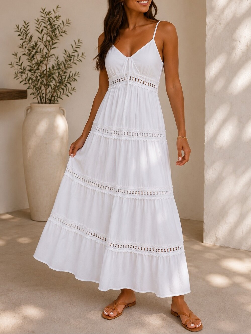 New Flowy Lace Trimmed Tiered Long Cami Dress White